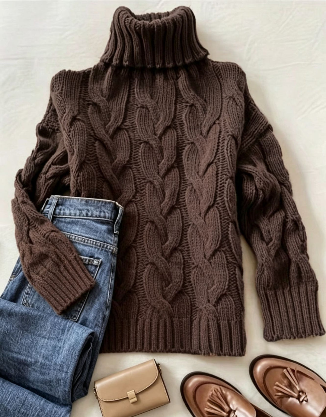 Damen Grobstrick-Rollkragenpullover mit markanten Zopfmustern und gerippten Bündchen EB