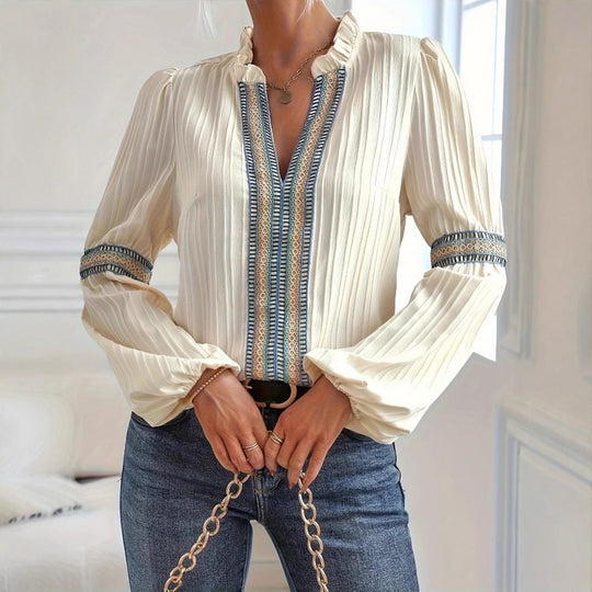 Damen elegante plissierte Bluse mit verzierten Besätzen EB