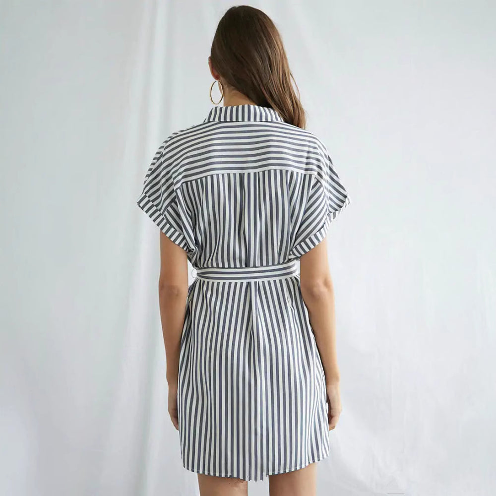 Damen Hemdblusenkleid mit Taillengürtel und modischem Streifendesign EB