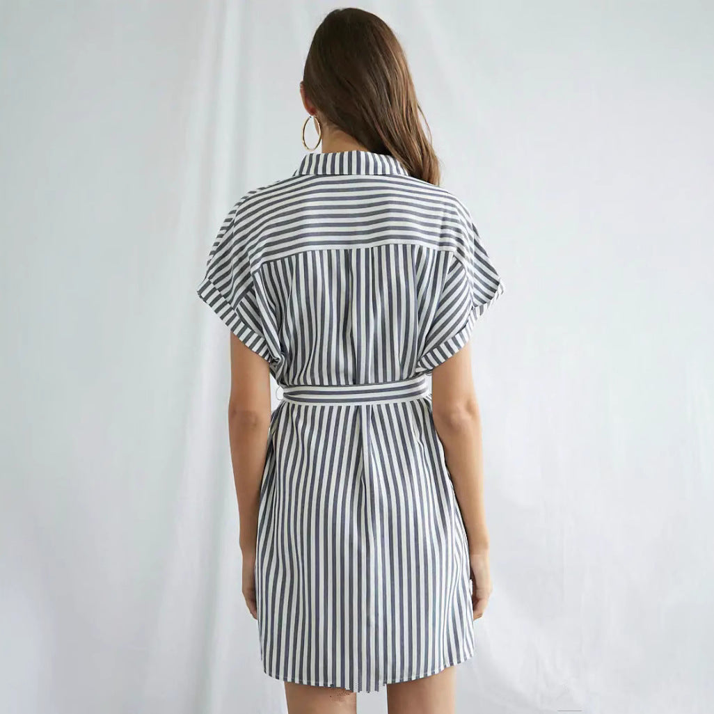 Damen Hemdblusenkleid mit Taillengürtel und modischem Streifendesign EB