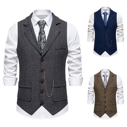 Herren nan Vintage-Weste mit Reverskragen Uhrenkette und Brusttasche EB