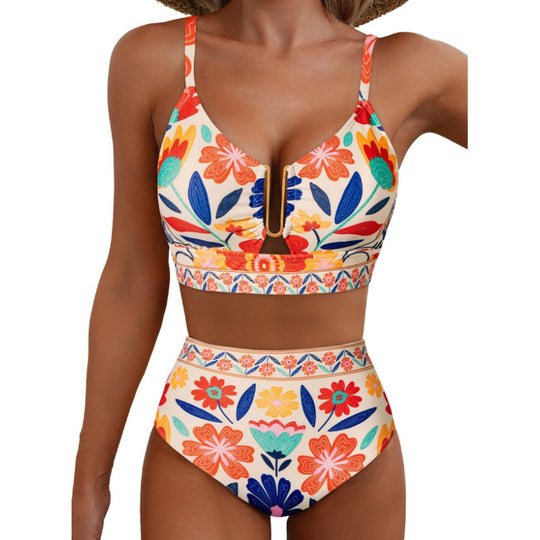 Damen Hoch geschnittener Bikini mit floralem Muster und Leo-Print EB