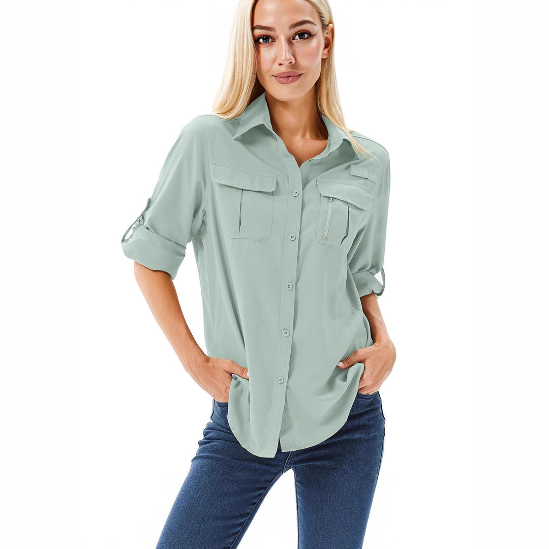 Damen lässige Bluse mit praktischen Taschen und umschlagbaren Ärmeln EB