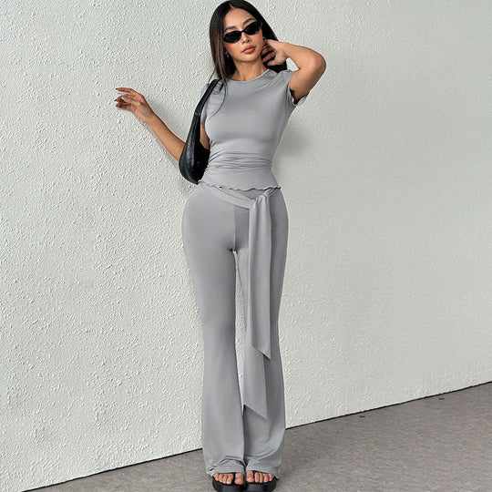 Damen elegantes Set aus figurbetontem Oberteil und ausgestellten Hosen EB