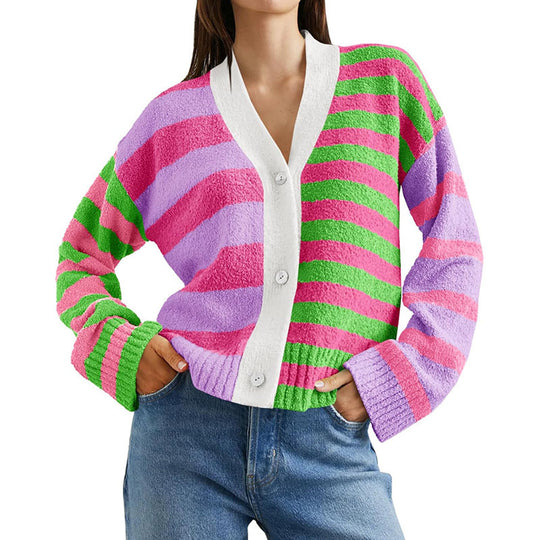 Damen lockerer gestreifter Frottee-Cardigan mit V-Ausschnitt und Knopfleiste EB