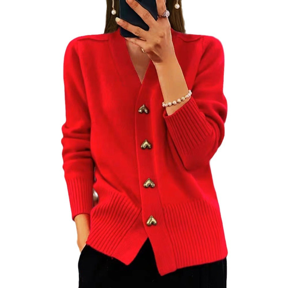Damen kuschelige Strickjacke mit Herzknöpfen und V-Ausschnitt EB