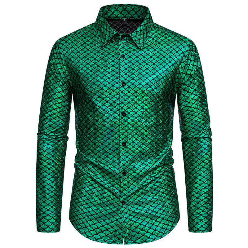Herren schimmerndes Langarmhemd mit Fischschuppen-Design EB