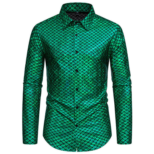 Herren schimmerndes Langarmhemd mit Fischschuppen-Design EB