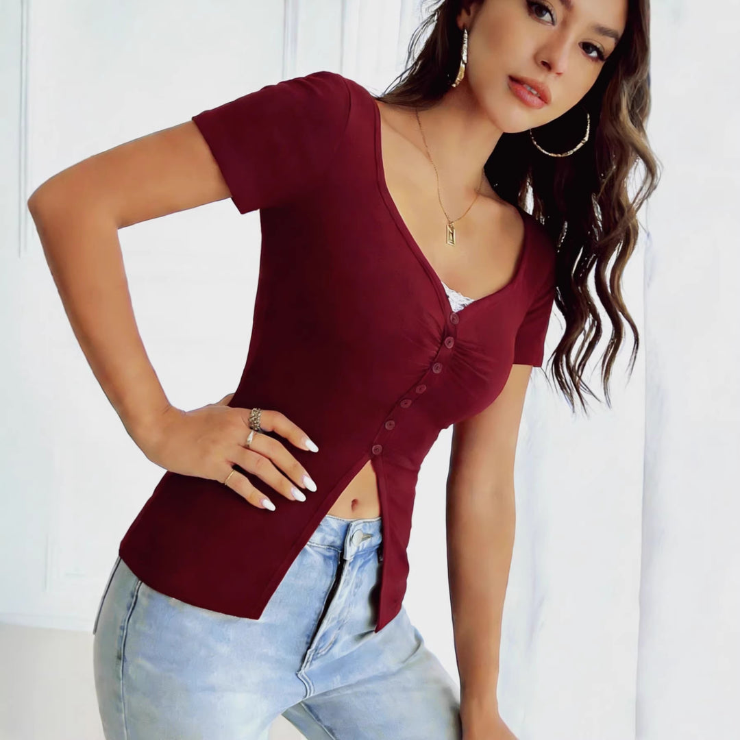 Damen figurbetontes Kurzarmshirt mit Knopfleiste EB