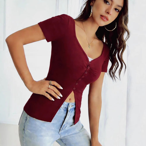 Damen figurbetontes Kurzarmshirt mit Knopfleiste EB