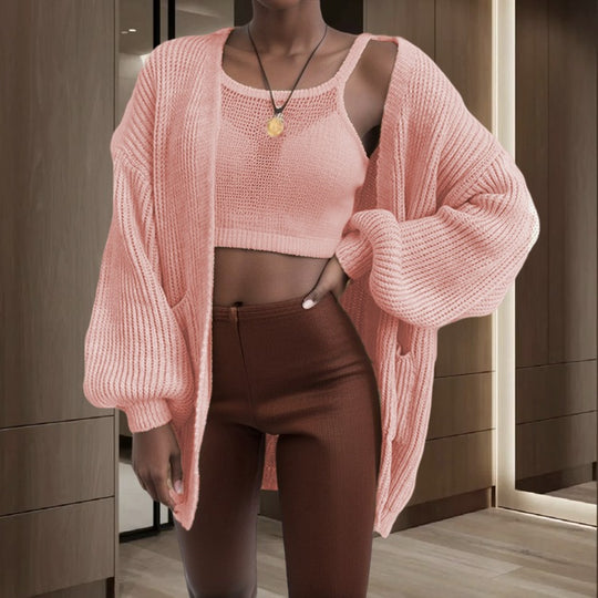 Damen Offener Strickcardigan mit voluminösen Ärmeln und praktischen Taschen EB