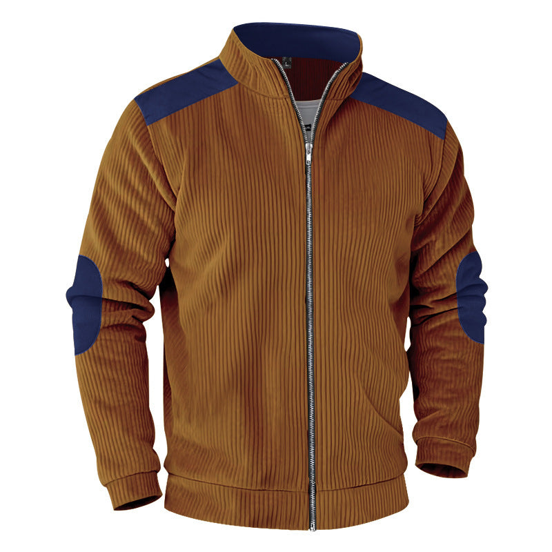 Herren nan gerippte Stehkragen-Sweatjacke mit durchgehendem Reißverschluss, Schulter- und Ellbogen-Patches EB
