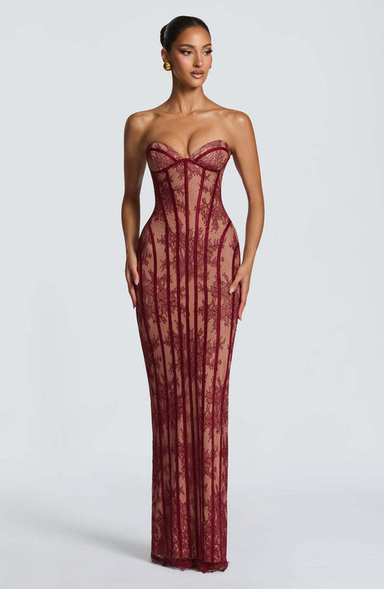 Damen figurbetontes Spitzenkleid mit schulterfreiem Design und elegantem Taillenschnitt EB