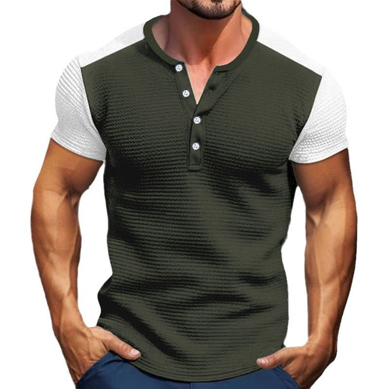 Herren Kurzarm-Hemd mit modischem Henley-Kragen und Kontrastärmel EB