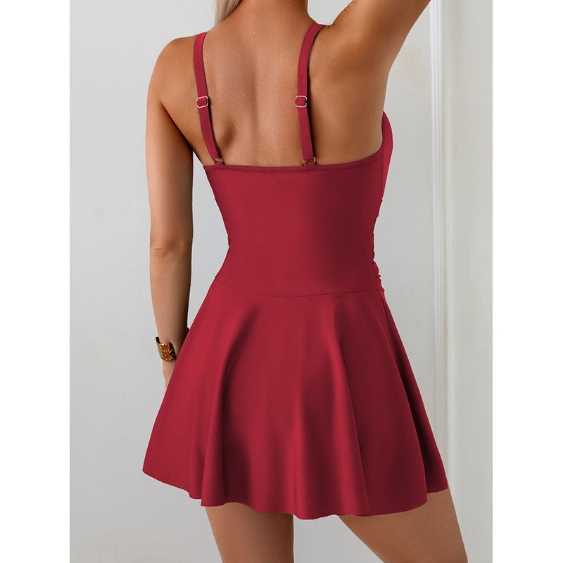 Damen eleganter einteiliger Badeanzug mit durchsichtigen Einsätzen und seitlichem Rock EB
