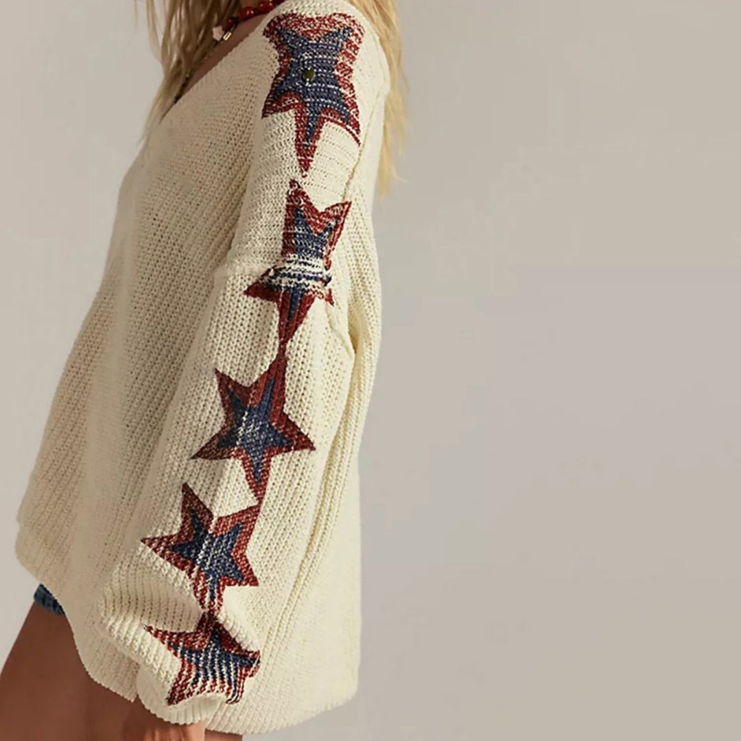 Damen Oversize-Strickpullover mit V-Ausschnitt und Sternmotiven EB
