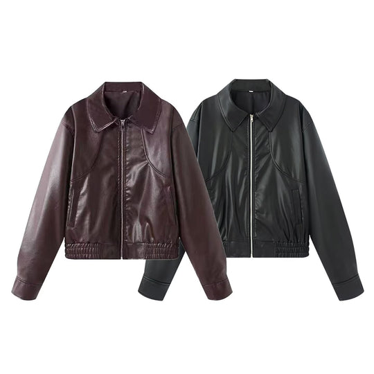 Damen Kunstlederjacke im lässigen Biker-Stil mit praktischen Taschen und elastischem Bund EB