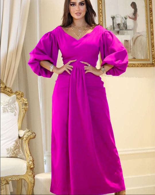 Damen Elegantes Maxikleid mit voluminösen Ärmeln und taillierter Drapierung EB