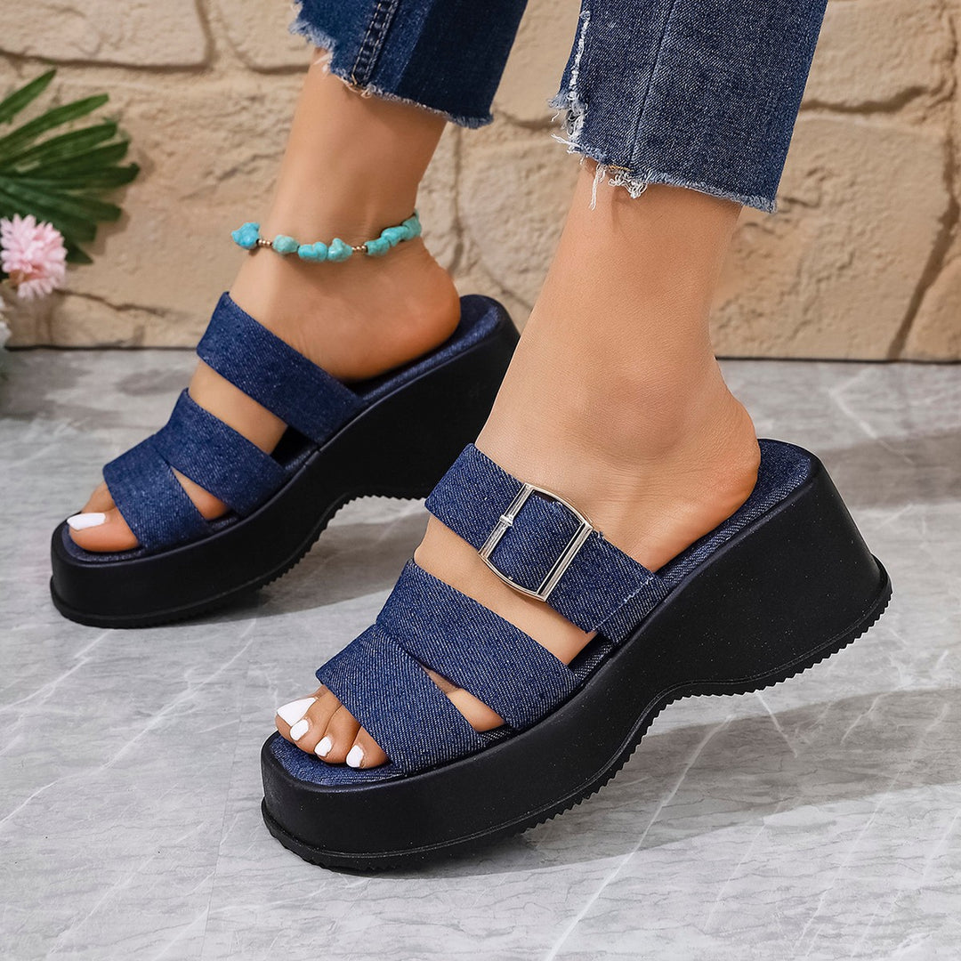Damen Wedge-Pantoletten mit verstellbarem Schnallenverschluss und modischem Denim-Design EB