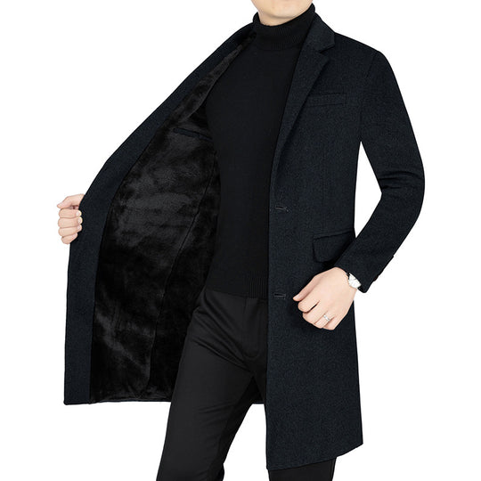 Herren Langer Wollmix-Mantel mit durchgehendem Kunstfell-Futter und schlanker Silhouette EB