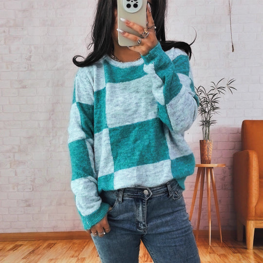 Damen Grobstrickpullover mit modernem Karomuster und lässigem Schnitt EB
