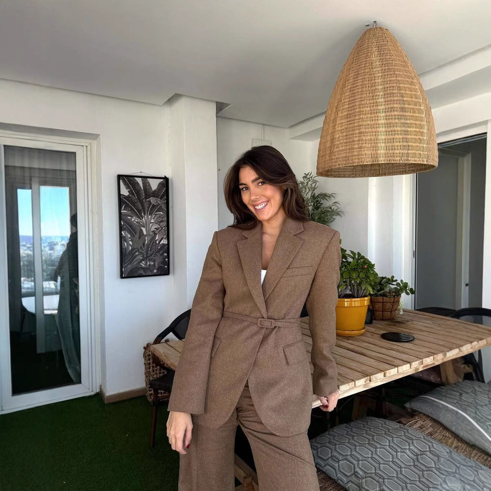 Damen taillierter Blazer mit Gürtel und eleganter Struktur EB