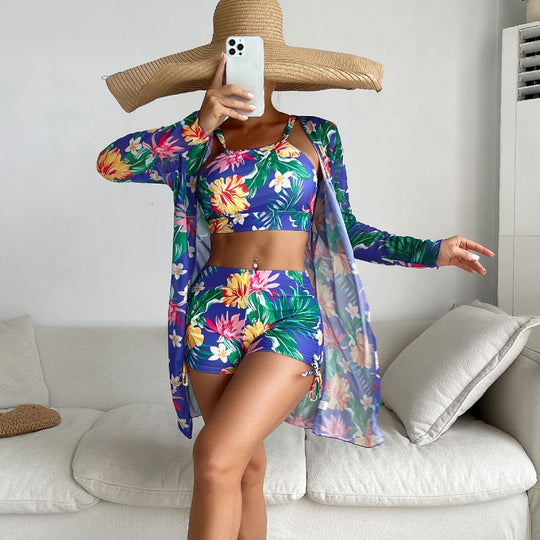 Damen Sport-Bikini-Set mit farbenfrohem Floralprint und lässiger Wickeljacke EB