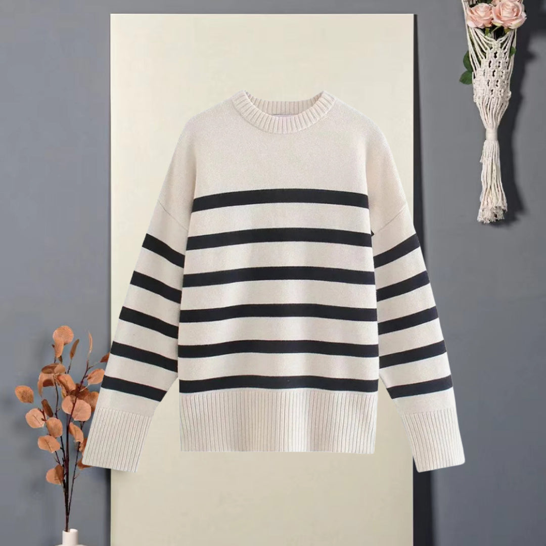 Damen Oversized Strickpullover mit hohem Kragen und trendigem Streifenmuster EB