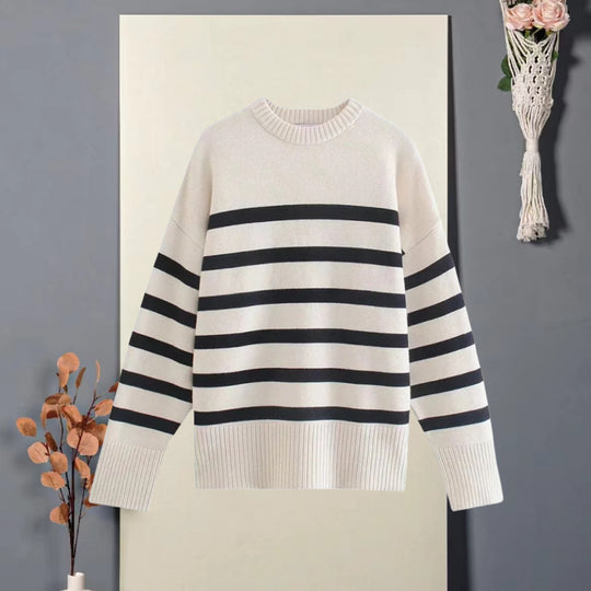 Damen Oversized Strickpullover mit hohem Kragen und trendigem Streifenmuster EB