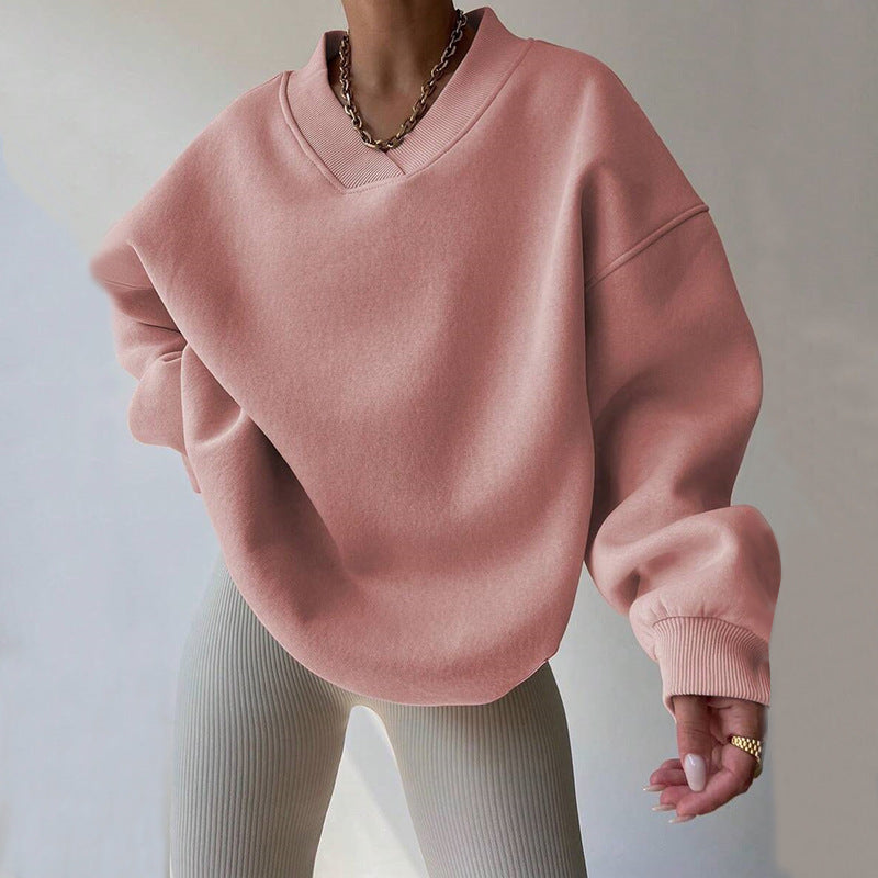 Damen Oversized V-Ausschnitt Sweatshirt mit verstärktem Rippkragen und extraweitem Cut EB