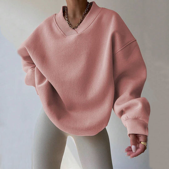 Damen Oversized V-Ausschnitt Sweatshirt mit verstärktem Rippkragen und extraweitem Cut EB
