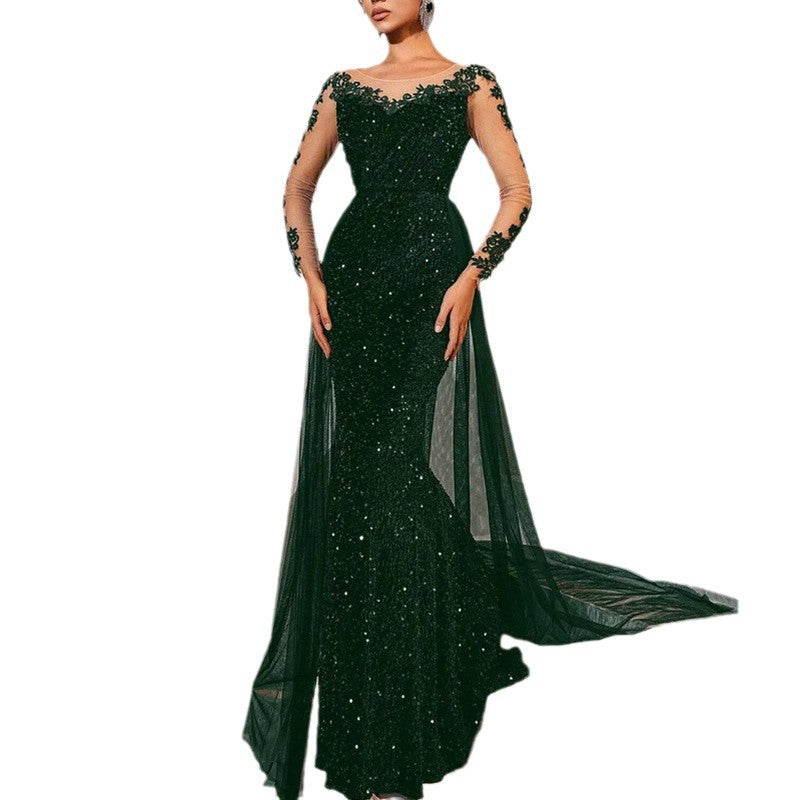 Damen Glamouröses Abendkleid mit schimmerndem Spitzenoberteil und fließendem Tüllumhang EB