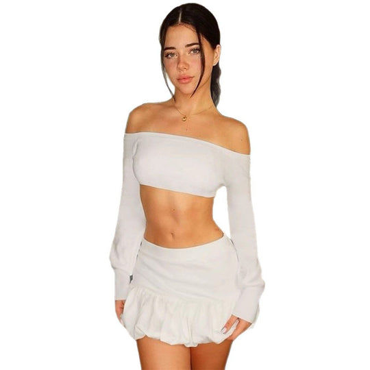 Damen Off-Shoulder Crop-Top und Faltenrock Set EB