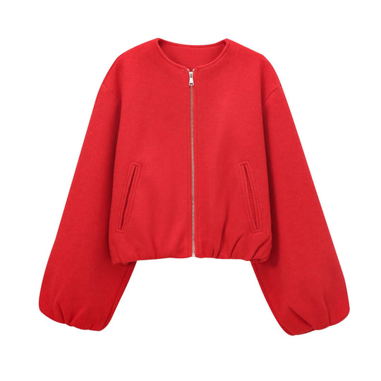 Damen nan kurze Oversize Wollblouson mit Reißverschluss, Ballonärmeln und elastischem Saum EB