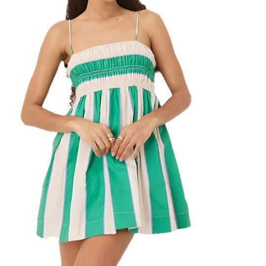 Damen nan kurzes Babydoll-Minikleid mit gesmoktem Bustier, feinen Spaghettiträgern und ausgestelltem A-Linien-Rock EB