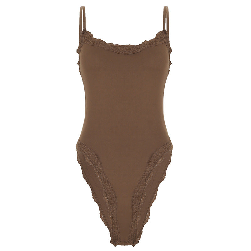 Damen eleganter Bodysuit mit Spitzenakzenten und verstellbaren Trägern EB