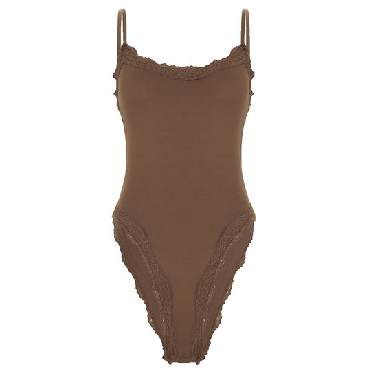 Damen eleganter Bodysuit mit Spitzenakzenten und verstellbaren Trägern EB