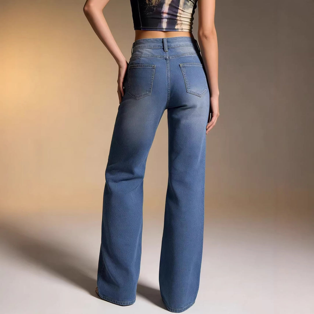 Damen weite Denim-Hose mit Vintage-Waschung und hoch geschnittenem Bund EB