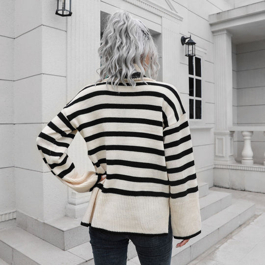 Damen Strickpullover mit hohen Bündchen und lässigem Streifenmuster EB