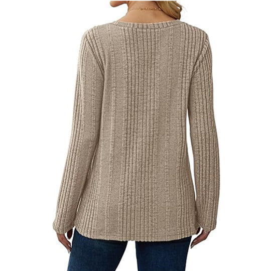 Damen modischer V-Ausschnitt Pullover mit Rippstruktur EB
