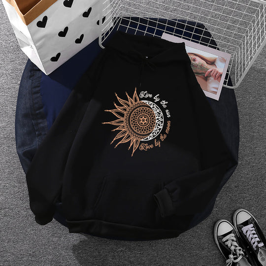 Damen nan Kapuzenpullover mit Sonn-und-Mond-Mandala, Kängurutasche und angerautem Fleece EB