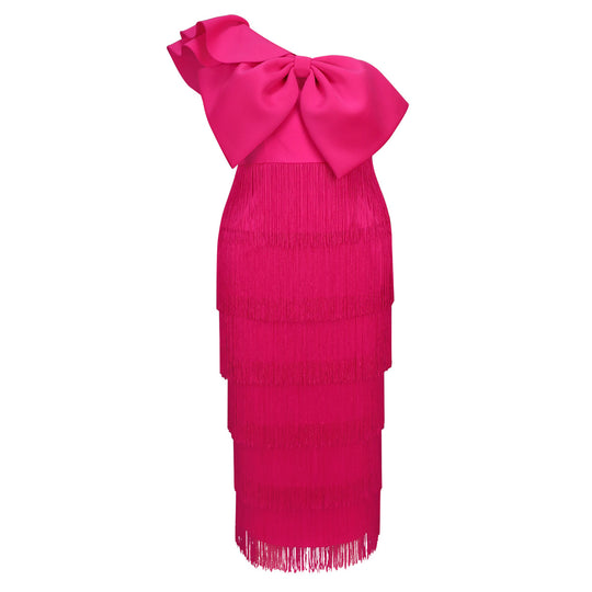 Damen elegantes Kleid mit voluminösem Rüschenelement und Fransen EB