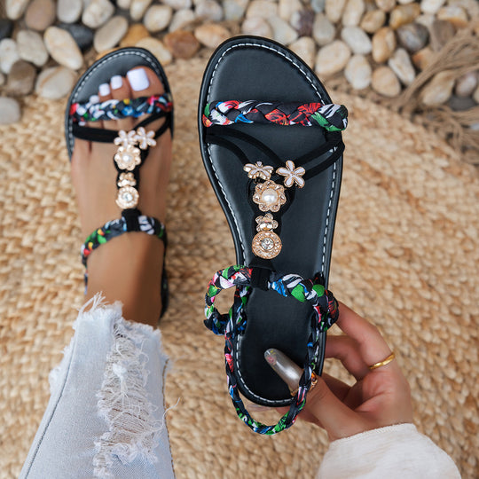 Damen dekorative Riemchensandalen mit floralem Design EB