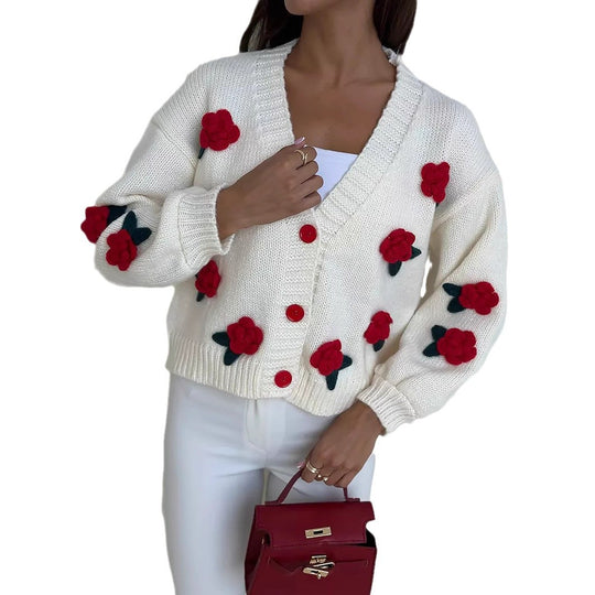 Damen Strickjacke mit floralen Applikationen und voluminösen Ärmeln EB
