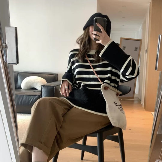Damen gemütlicher Strickpullover mit Streifen EB