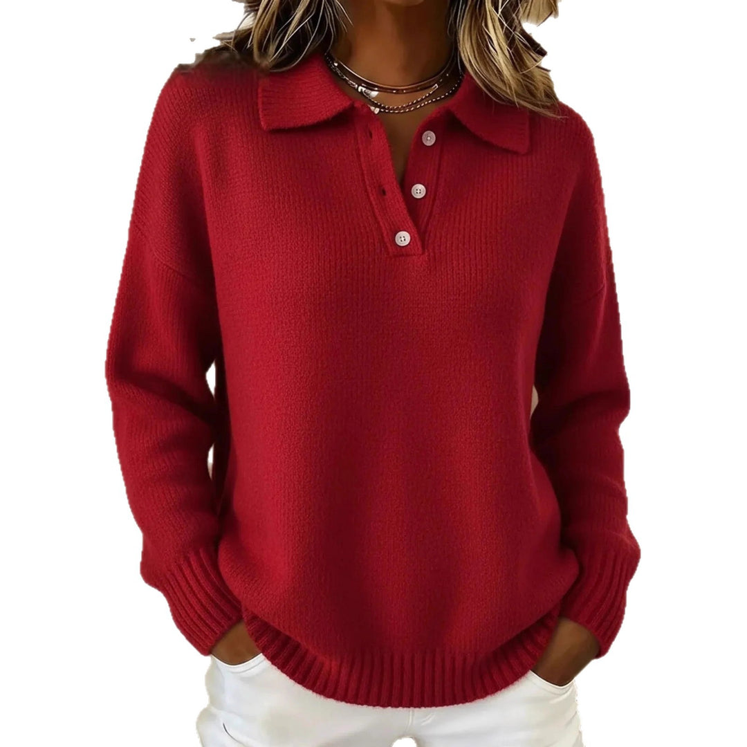 Damen nan kuscheliger Polokragenpullover mit kurzer Knopfleiste und gerippten Bündchen EB