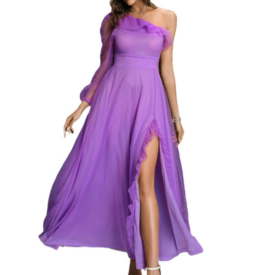 Damen Elegantes Maxikleid mit asymmetrischem Ausschnitt und fransierten Details EB