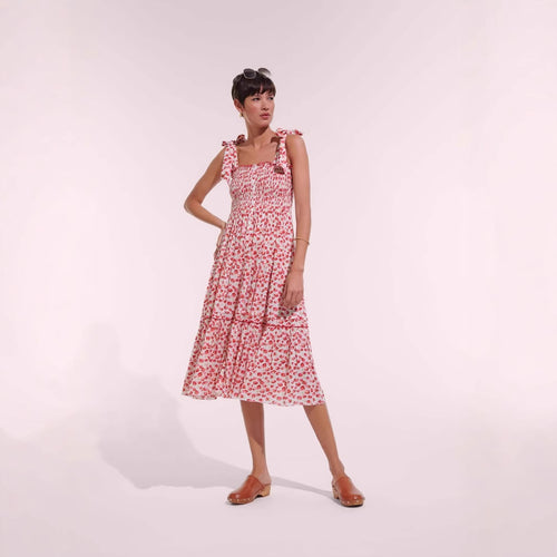 Damen Maxikleid mit floralem Rüschendesign und elastischem Oberteil EB