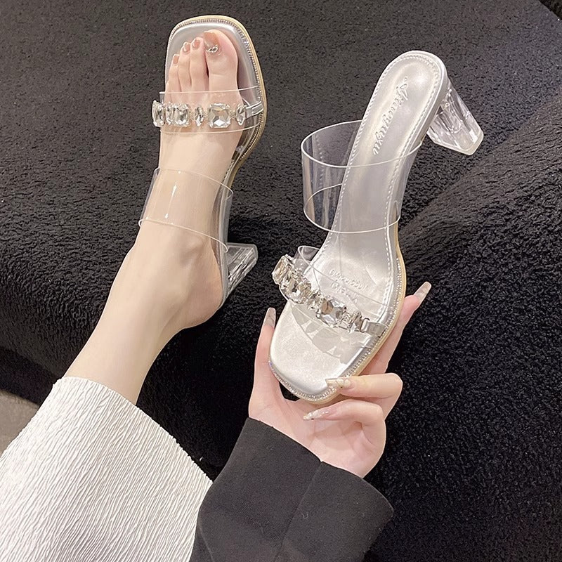 Damen elegante offene Mules mit Absatz und funkelnden Akzenten EB