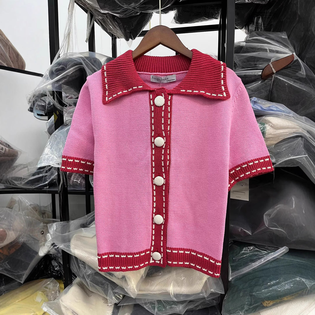 Damen Kurzarmpullover mit kontrastierenden Details EB